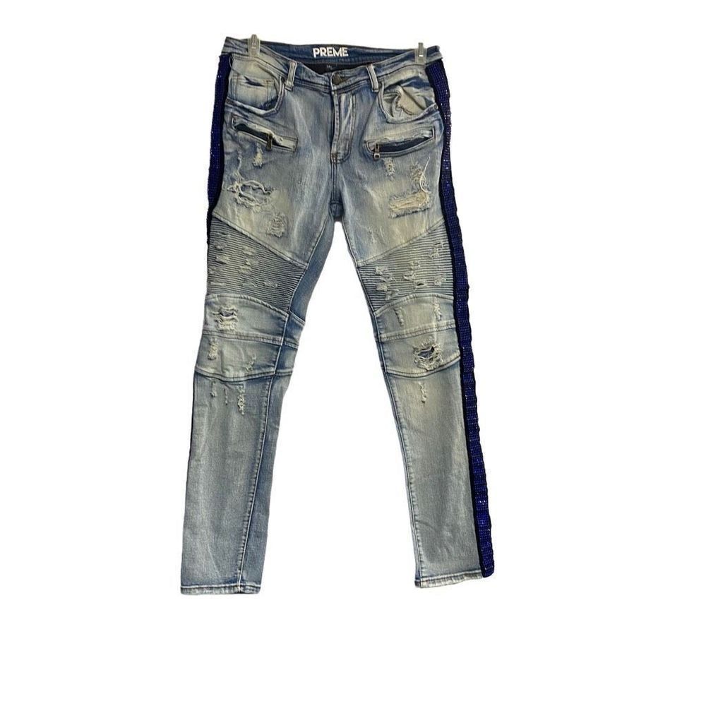 PREME Men’s Denim Moto Blue Side Stripe Distressed Destroyed Jeans Size 34X33‎